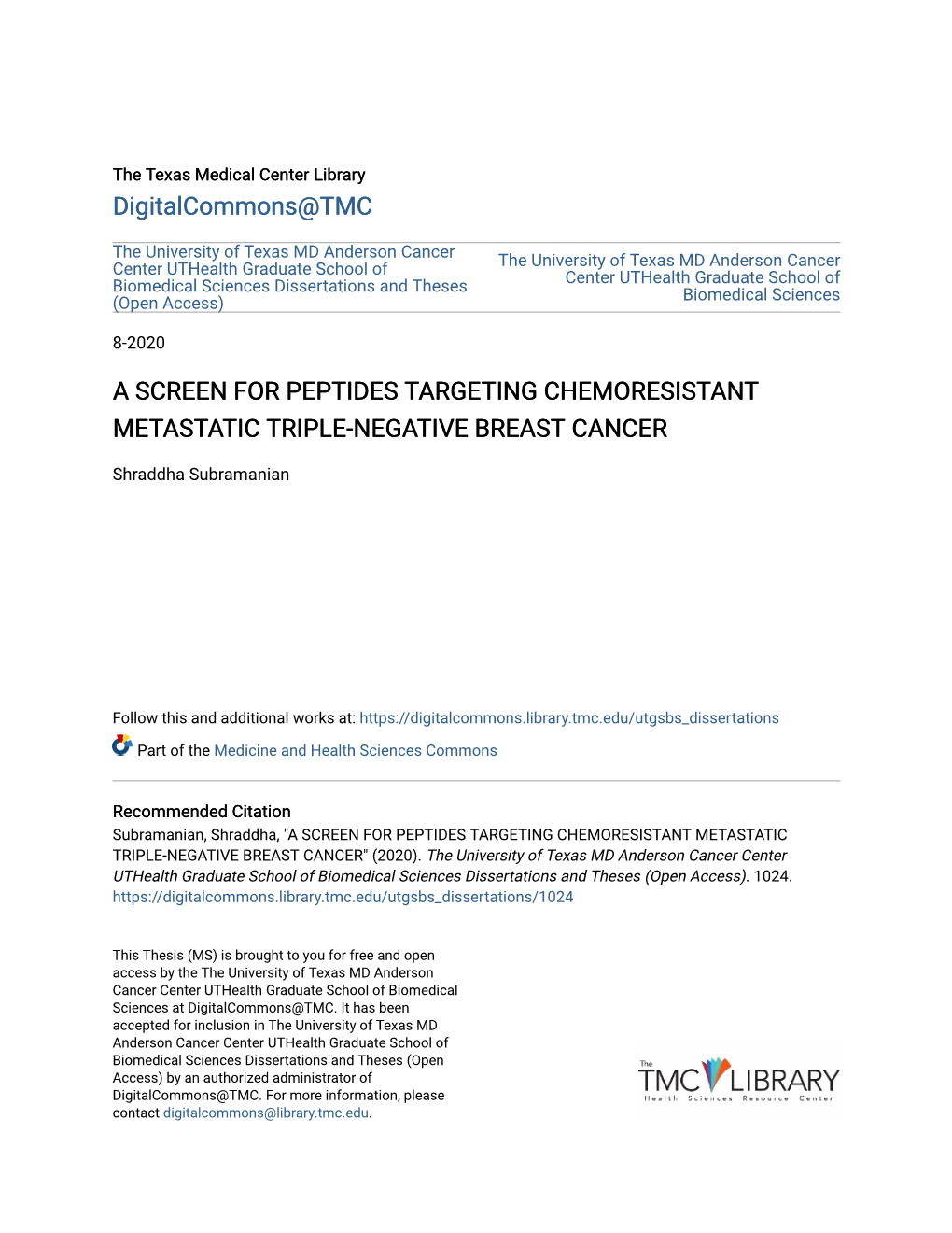 A Screen for Peptides Targeting Chemoresistant Metastatic Triple-Negative Breast Cancer