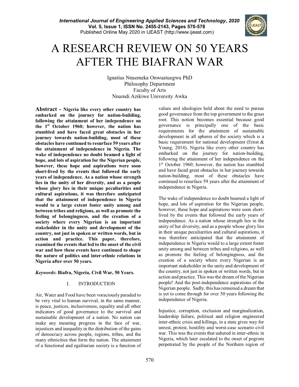 A Research Review on 50 Years After the Biafran War