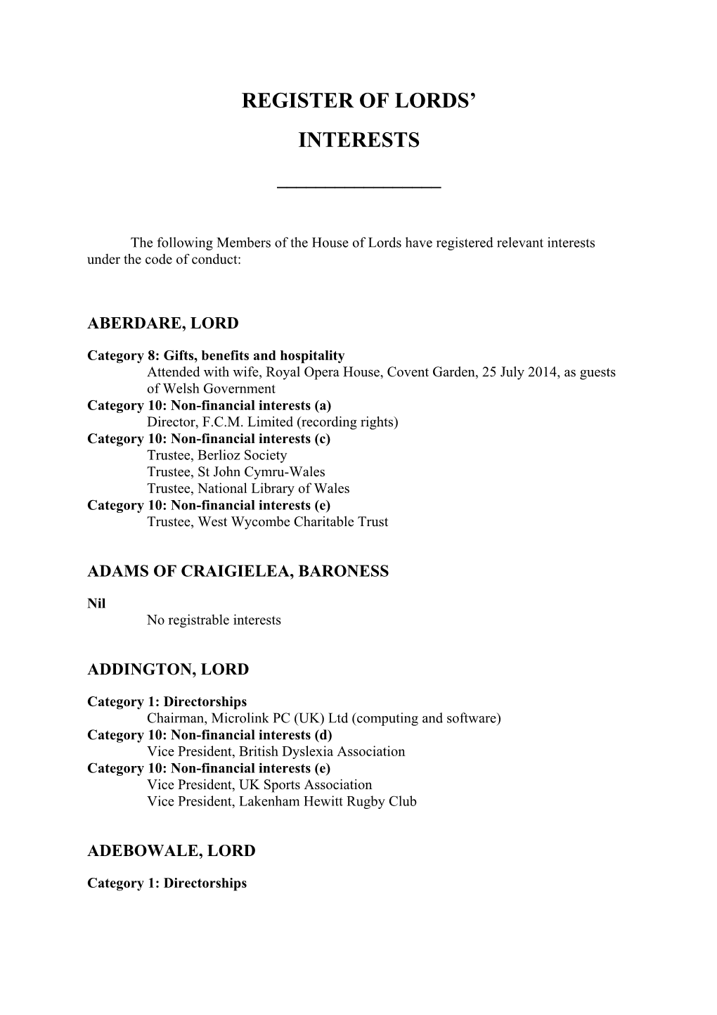 Register of Lords' Interests