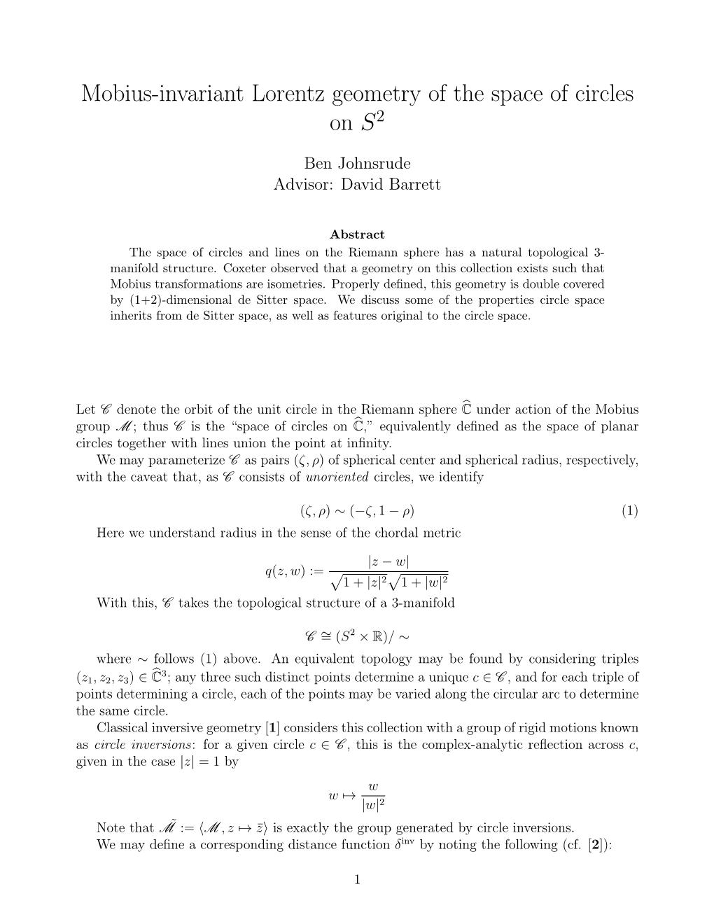 Mobius-Invariant Lorentz Geometry of the Space of Circles on S2