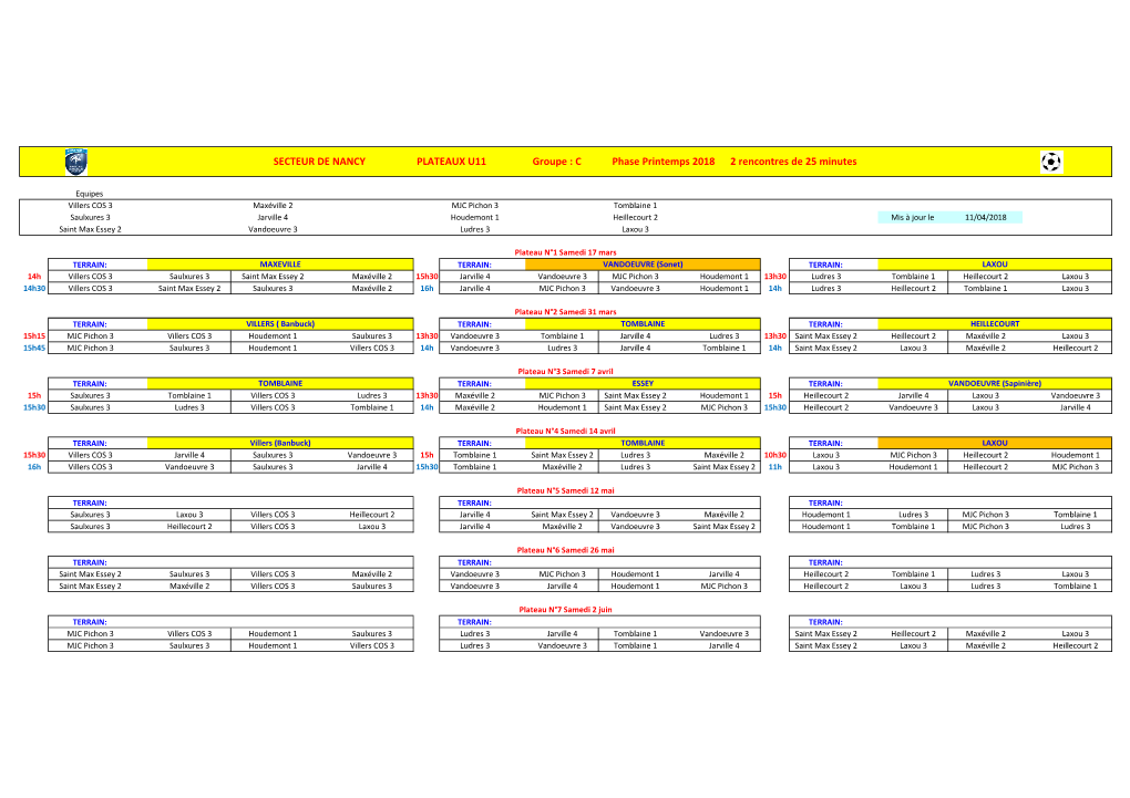 SECTEUR DE NANCY PLATEAUX U11 Groupe : C Phase Printemps 2018 2 Rencontres De 25 Minutes