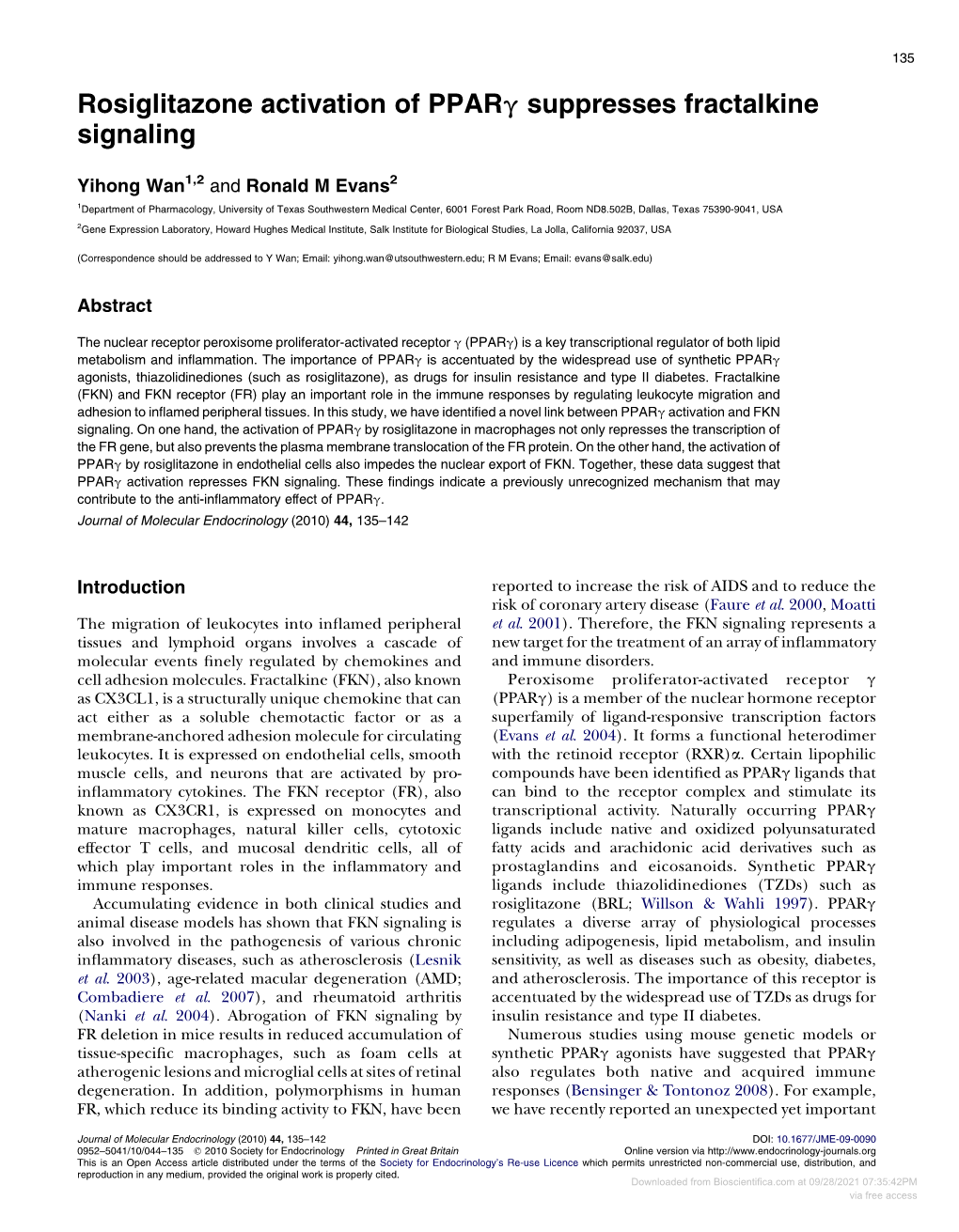 Rosiglitazone Activation of Pparg Suppresses Fractalkine Signaling