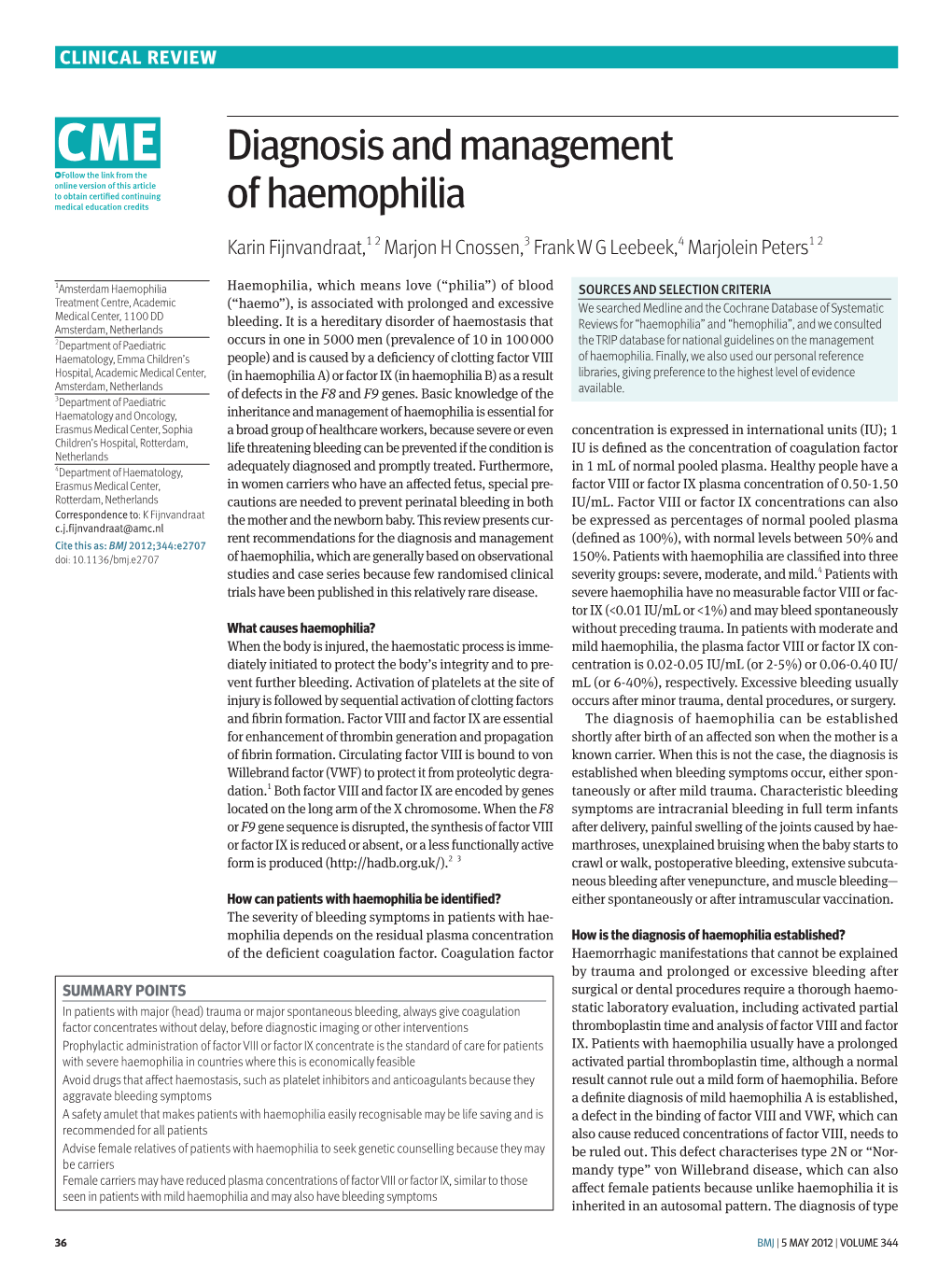 Diagnosis and Management of Haemophilia