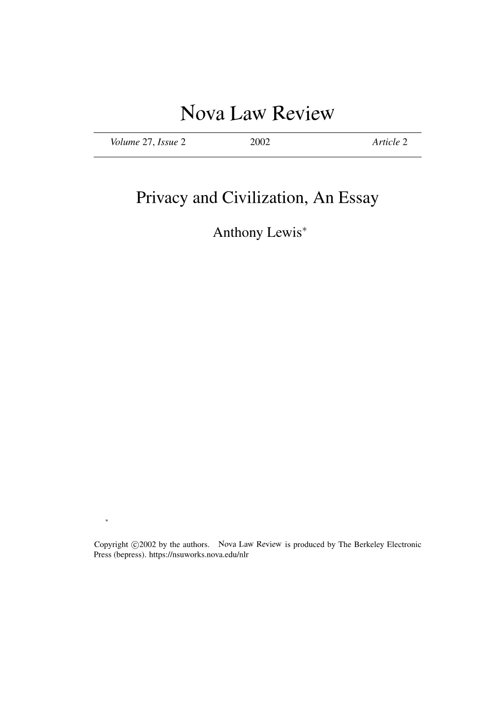 Privacy and Civilization, an Essay