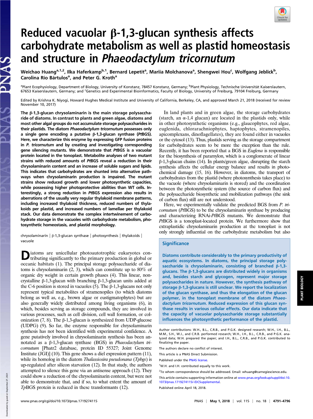 Reduced Vacuolar Β-1,3-Glucan Synthesis Affects Carbohydrate Metabolism As Well As Plastid Homeostasis and Structure in Phaeodactylum Tricornutum