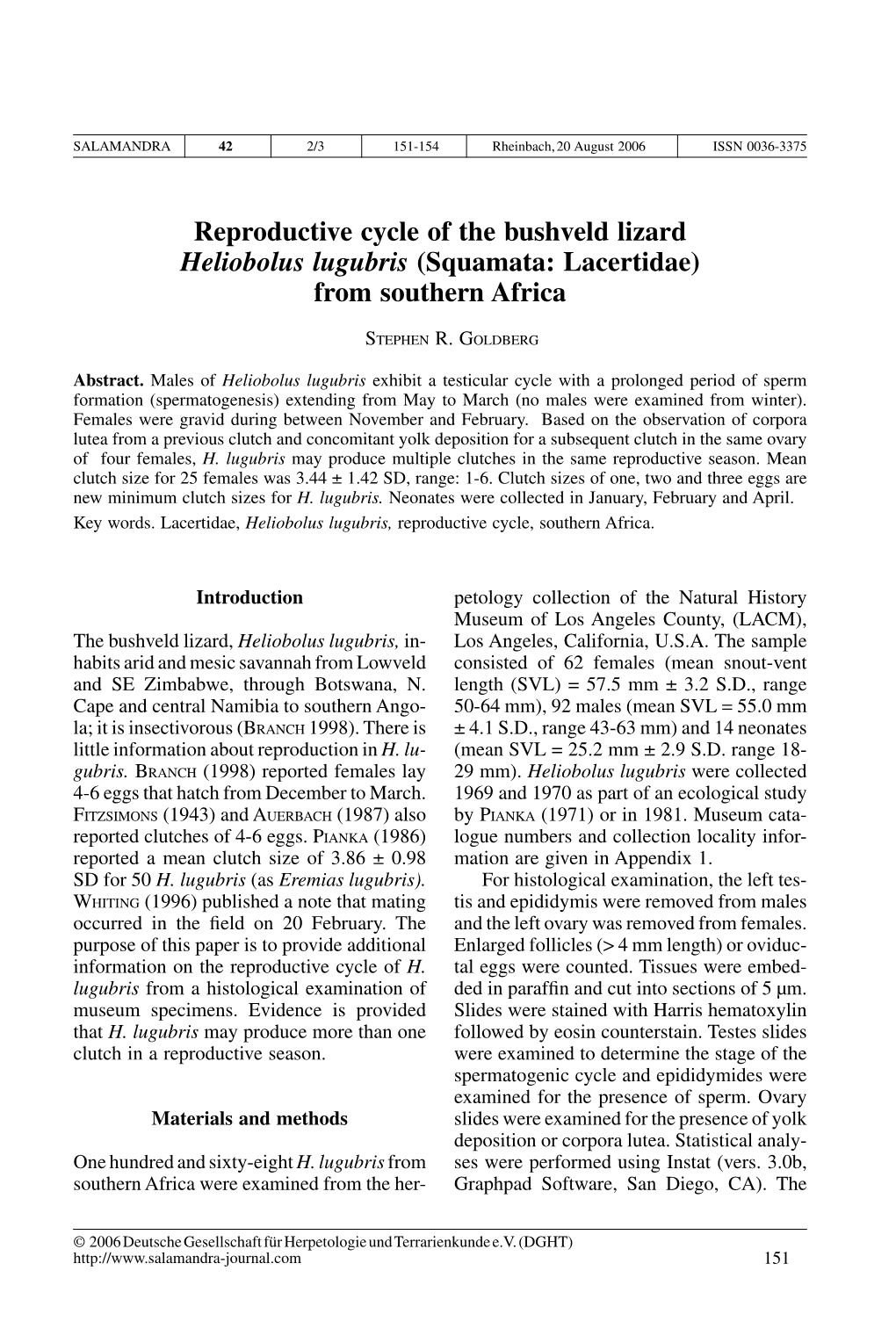 Reproductive Cycle of the Bushveld Lizard Heliobolus Lugubris (Squamata: Lacertidae) from Southern Africa