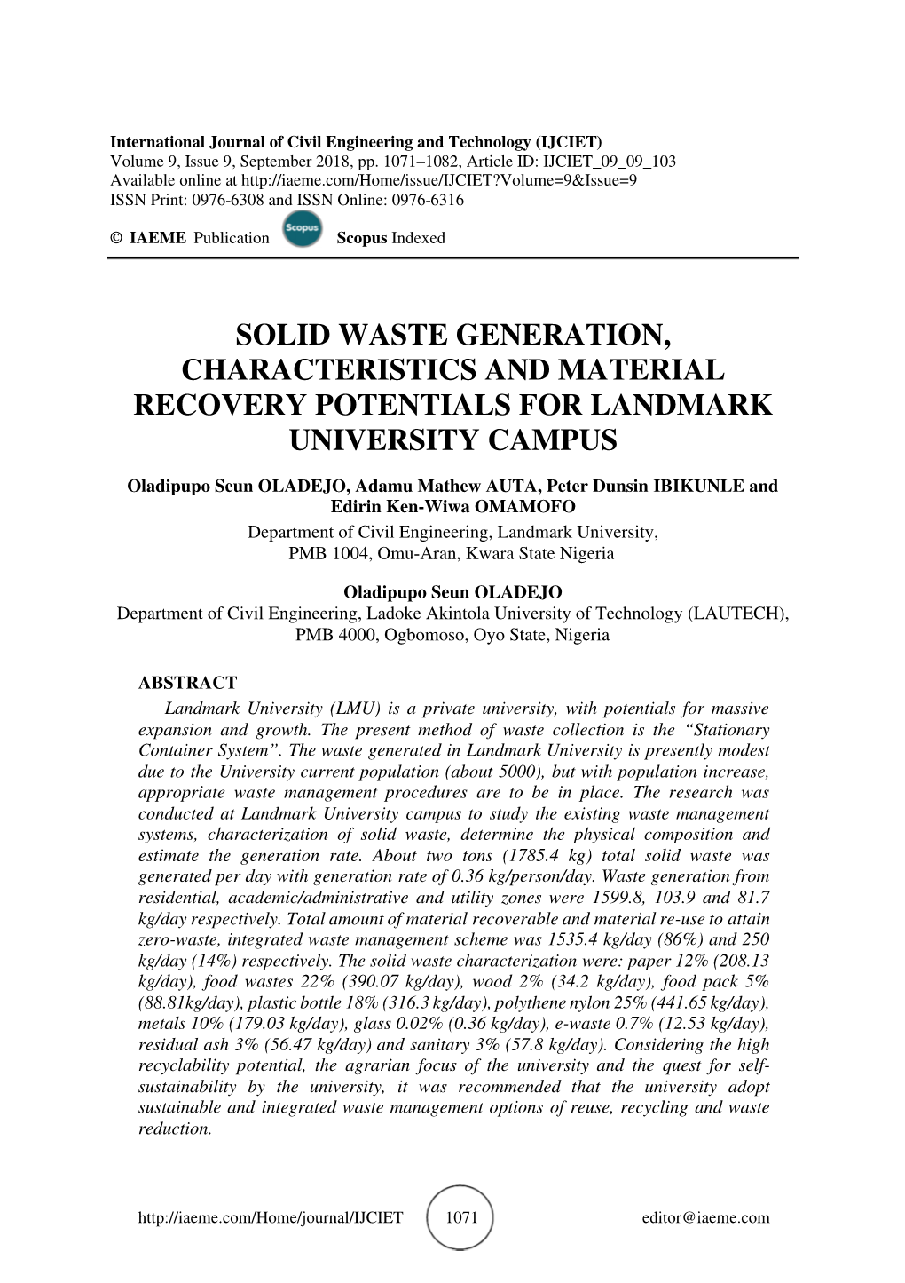 Solid Waste Generation, Characteristics and Material Recovery Potentials for Landmark University Campus