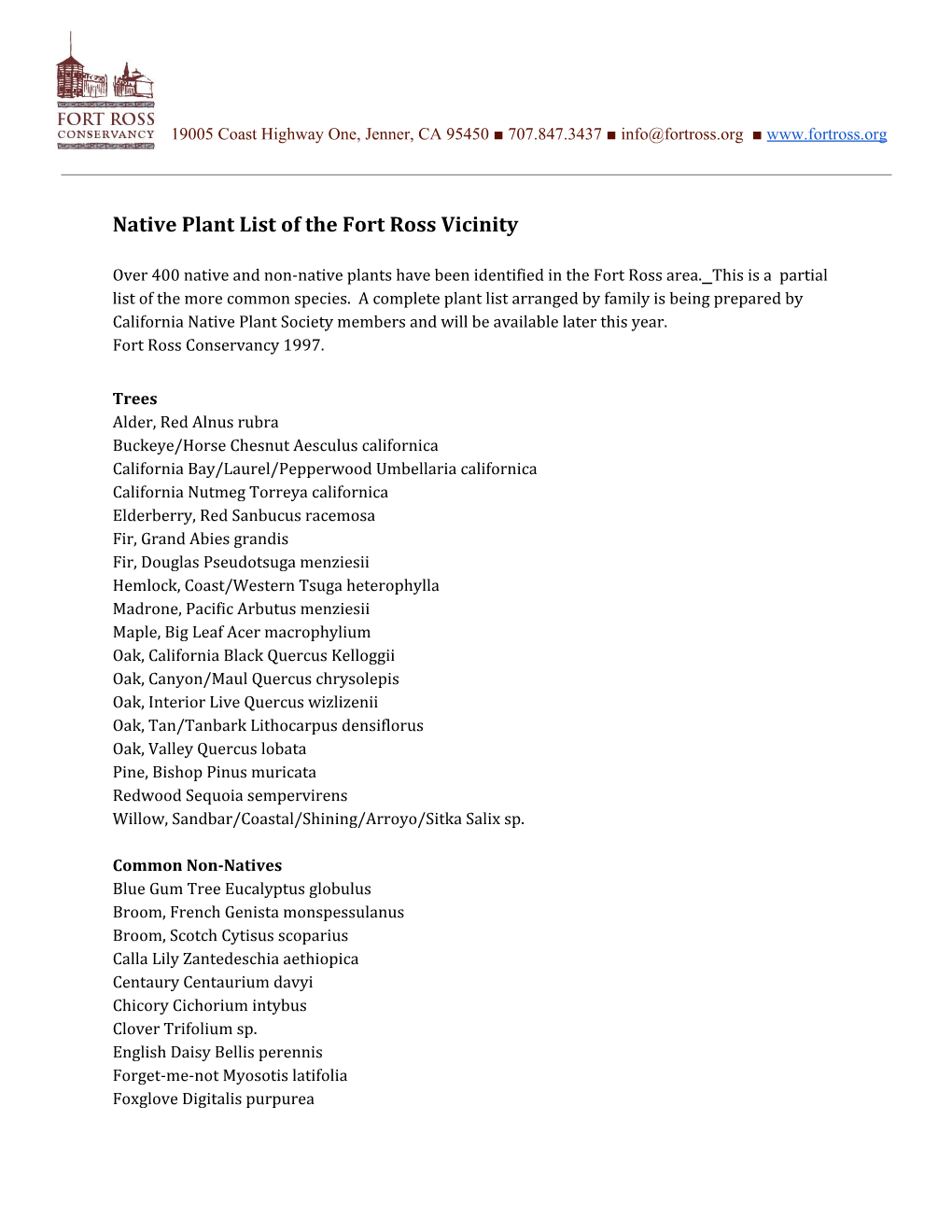 Native Plant List of the Fort Ross Vicinity