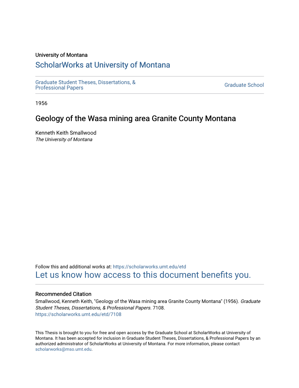 Geology of the Wasa Mining Area Granite County Montana