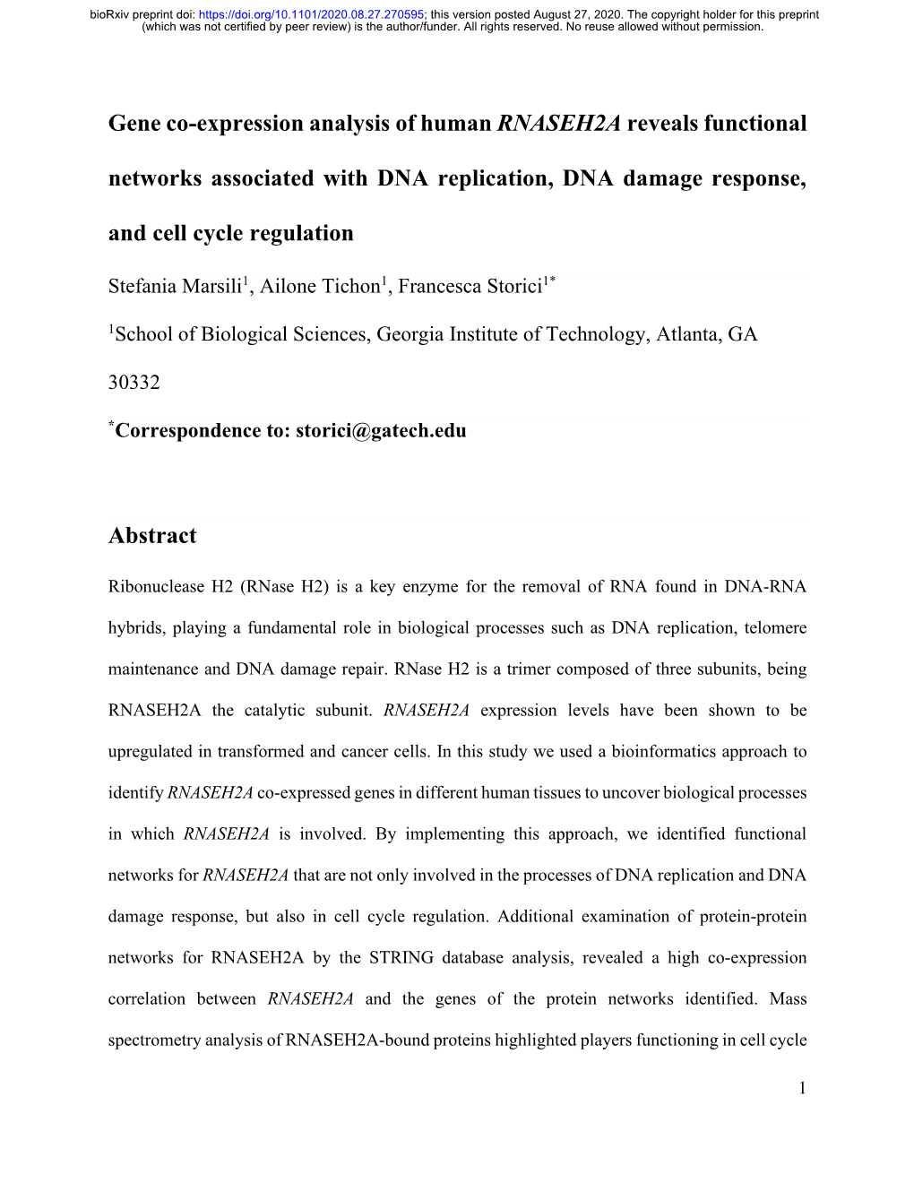 Gene Co-Expression Analysis of Human RNASEH2A Reveals Functional