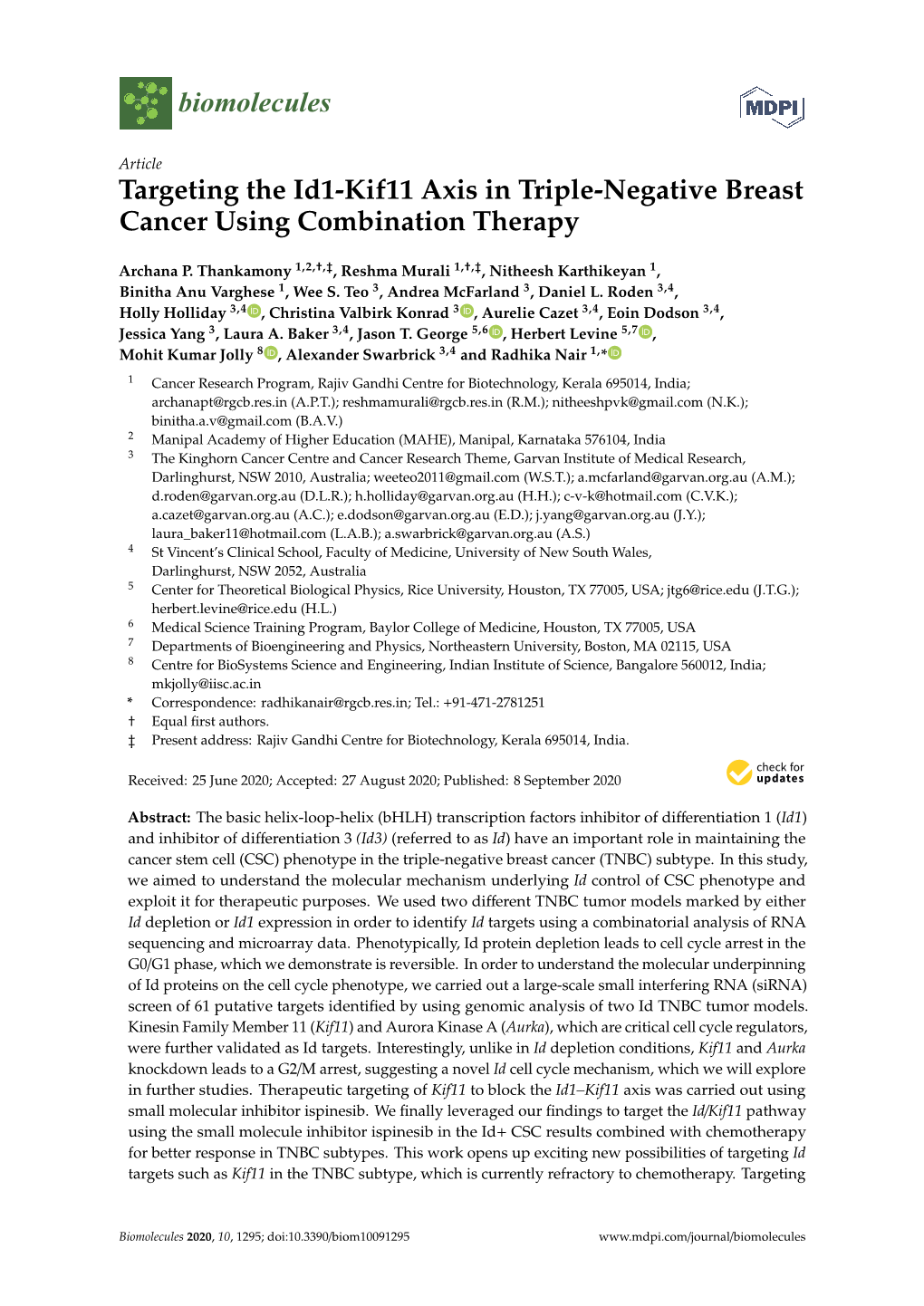Targeting the Id1-Kif11 Axis in Triple-Negative Breast Cancer Using Combination Therapy