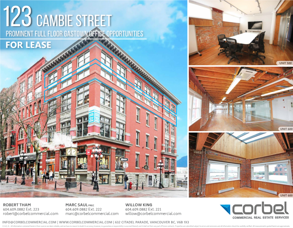 123 Cambie Street Prominent Full Floor Gastown Office Opportunities for Lease