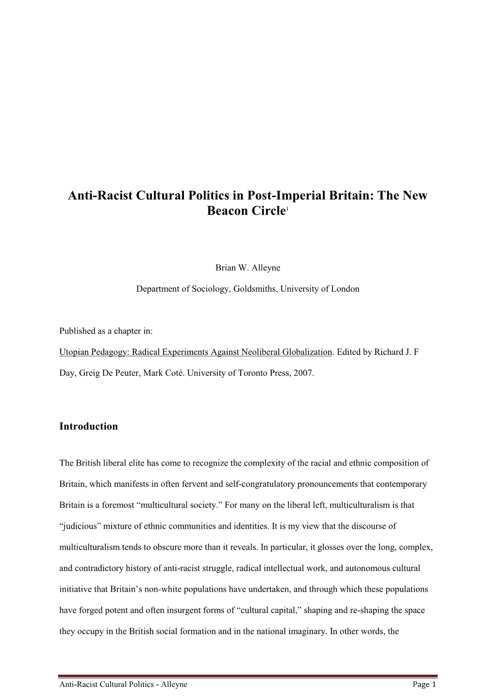 Anti-Racist Cultural Politics in Post-Imperial Britain: the New Beacon Circle1