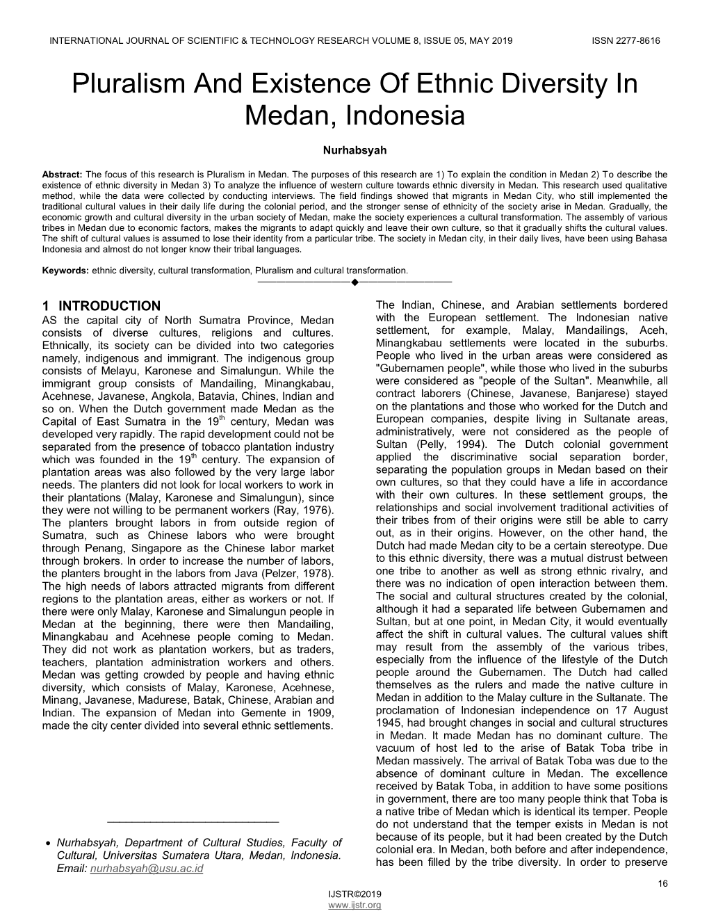 Pluralism and Existence of Ethnic Diversity in Medan, Indonesia