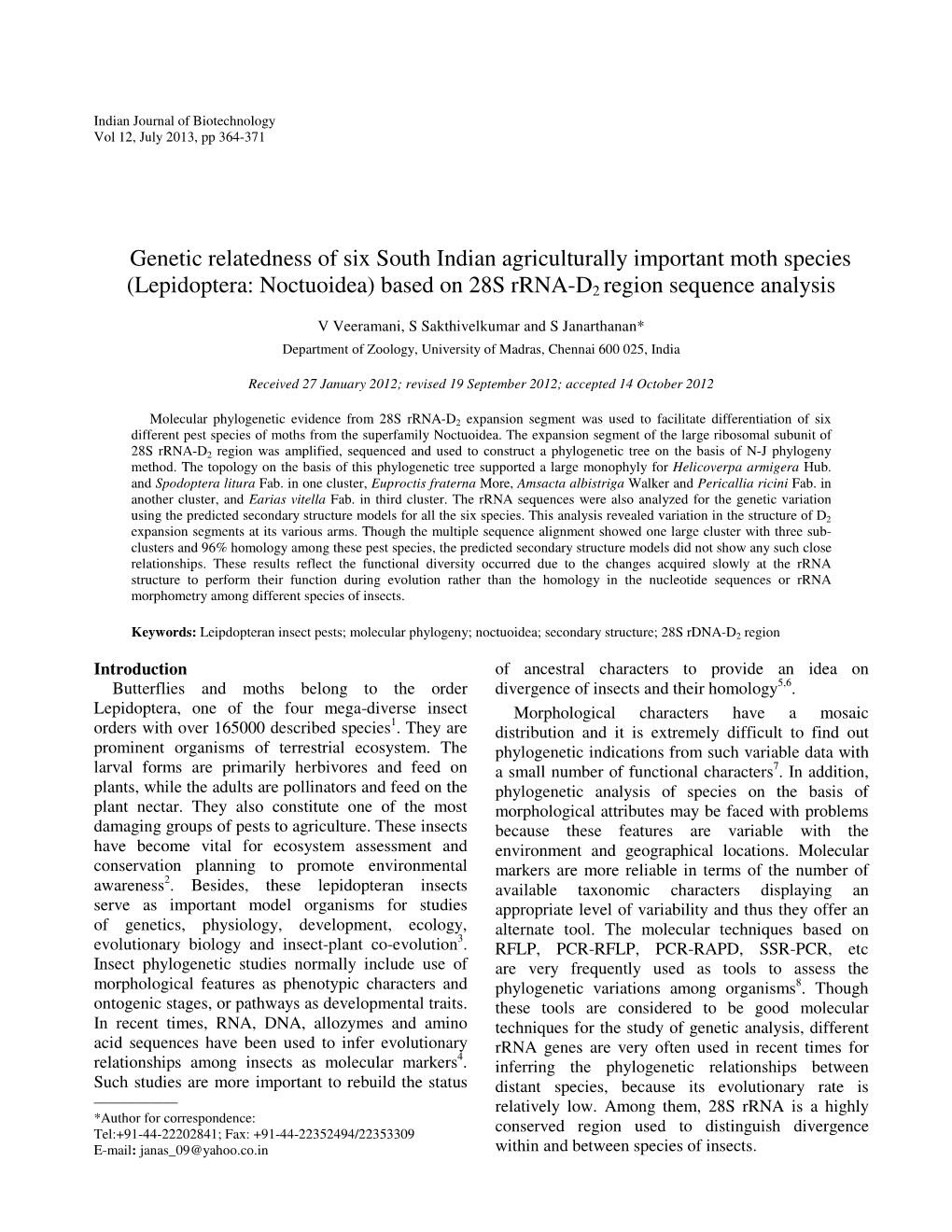 Genetic Relatedness of Six South Indian Agriculturally Important Moth Species (Lepidoptera: Noctuoidea) Based on 28S Rrna-D2 Region Sequence Analysis