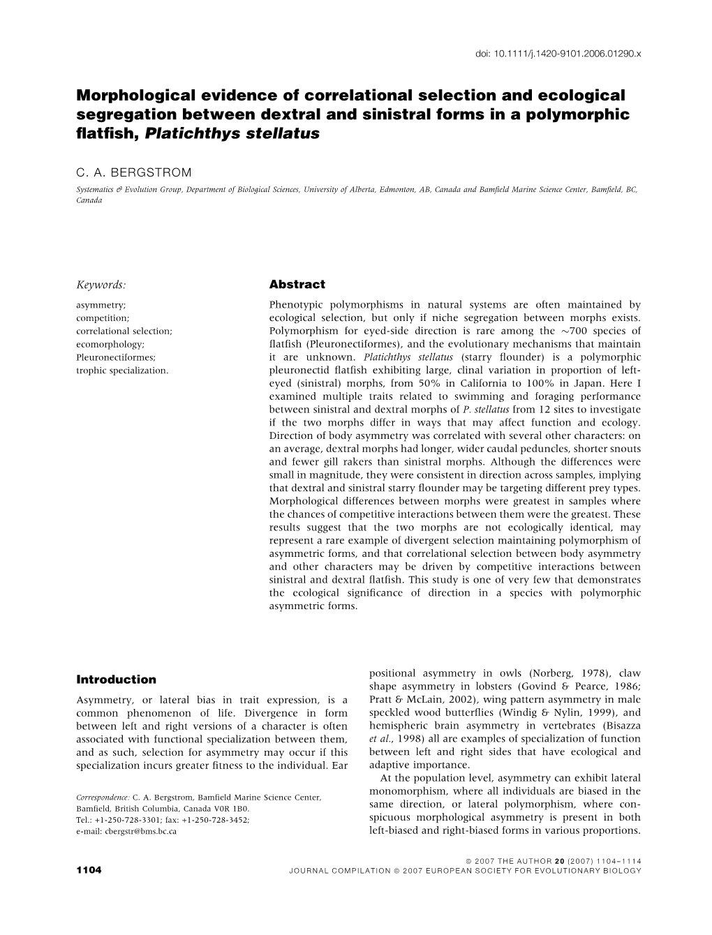 Morphological Evidence of Correlational Selection and Ecological Segregation Between Dextral and Sinistral Forms in a Polymorphic ﬂatﬁsh, Platichthys Stellatus