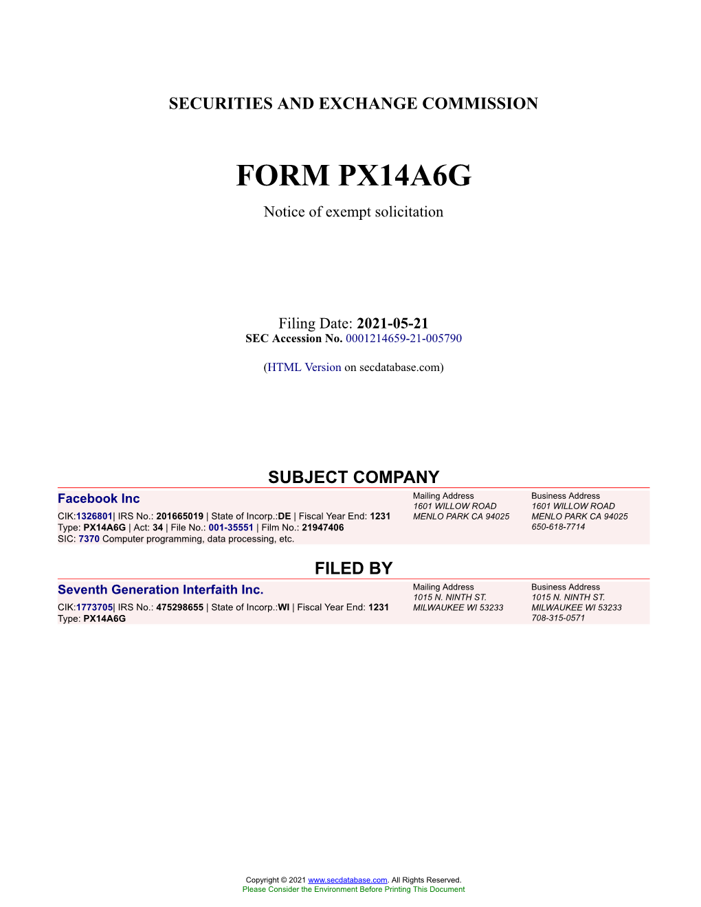 Facebook Inc Form PX14A6G Filed 2021-05-21