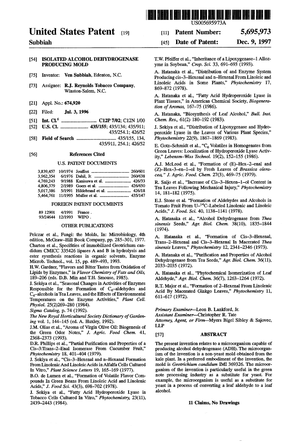 United States Patent (19) 11 Patent Number: 5,695,973 Subbiah 45 Date of Patent: Dec