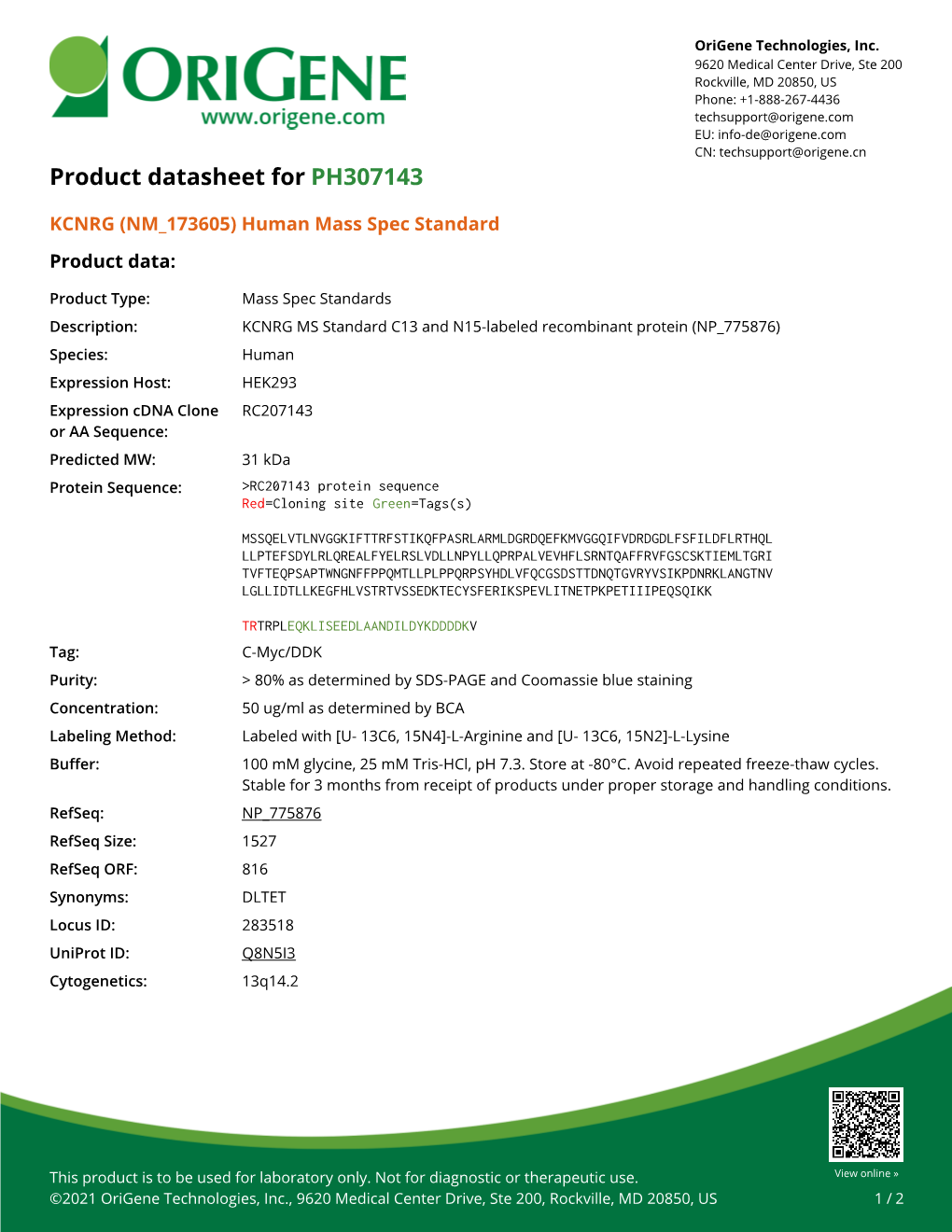 KCNRG (NM 173605) Human Mass Spec Standard – PH307143 | Origene