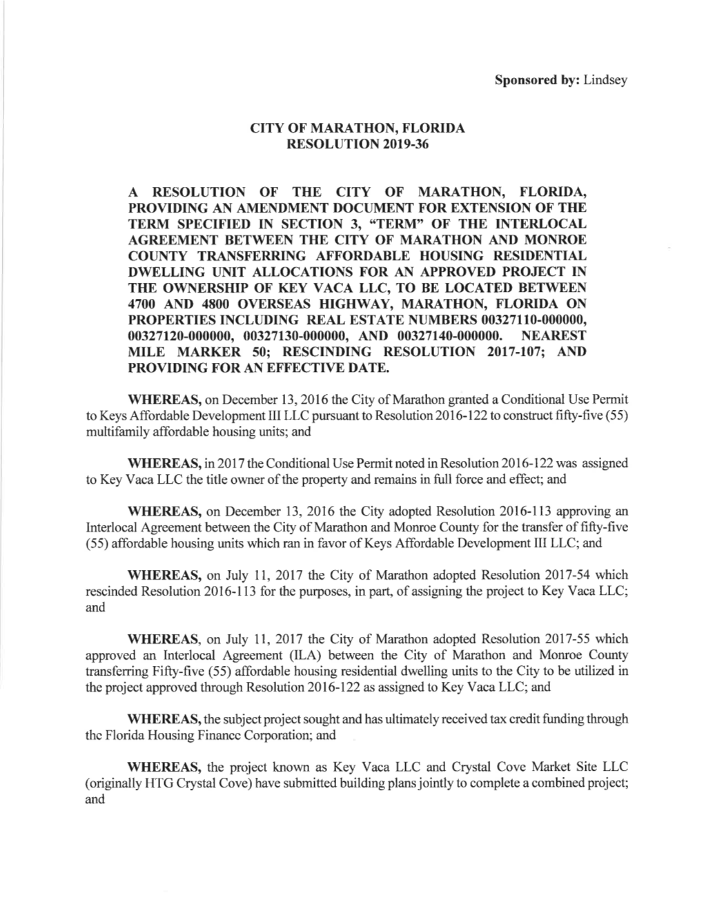 A Resolution of the City of Marathon, Florida