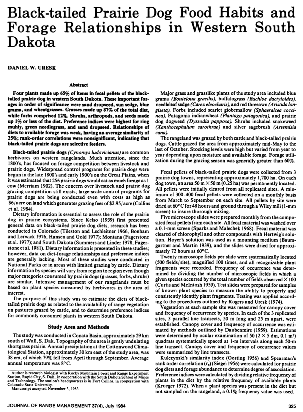 Black-Tailed Prairie Dog Food Habits and Forage Relationships in Western South Dakota