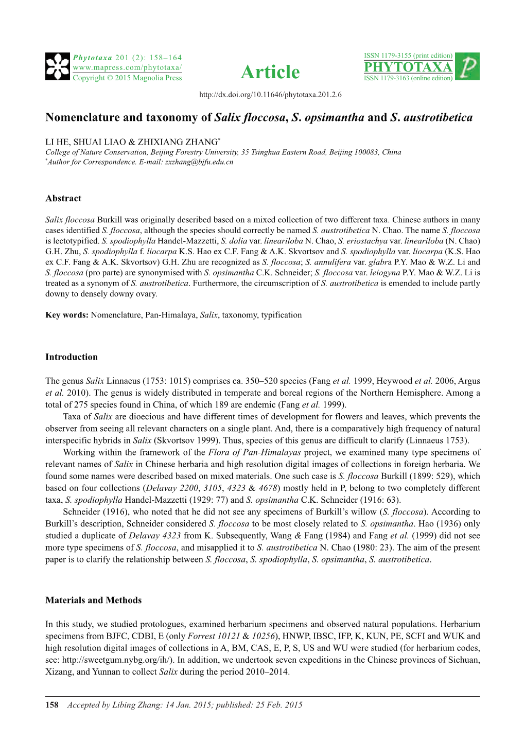 Nomenclature and Taxonomy of Salix Floccosa, S. Opsimantha and S