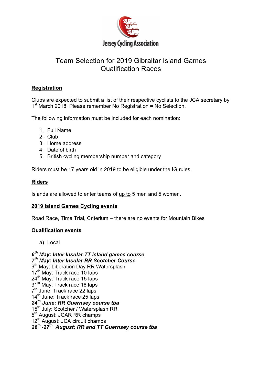 Team Selection for 2019 Gibraltar Island Games Qualification Races