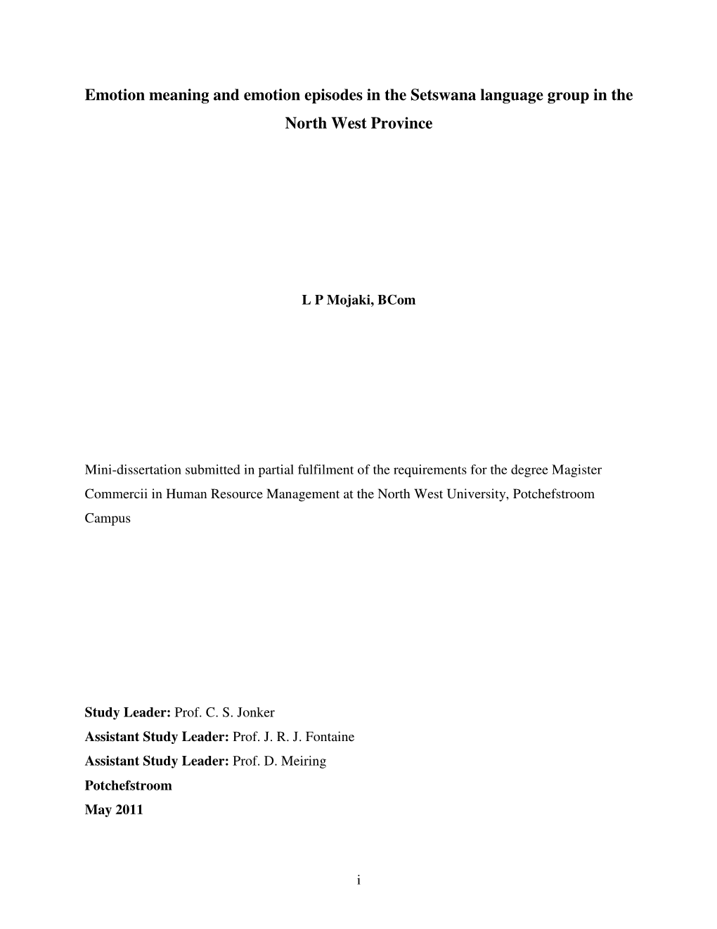 Emotion Meaning and Emotion Episodes in the Setswana Language Group in the North West Province