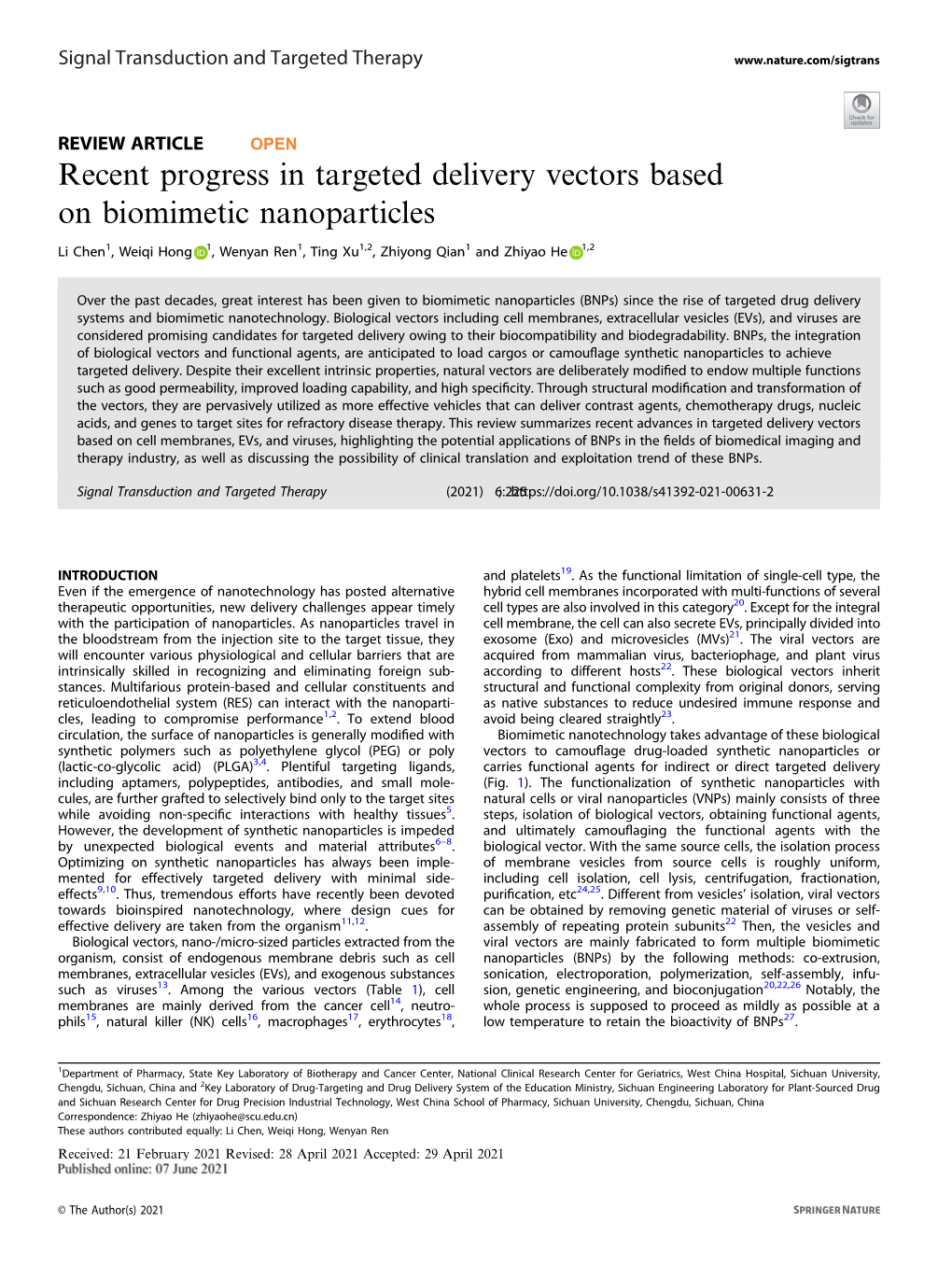 Recent Progress in Targeted Delivery Vectors Based on Biomimetic Nanoparticles