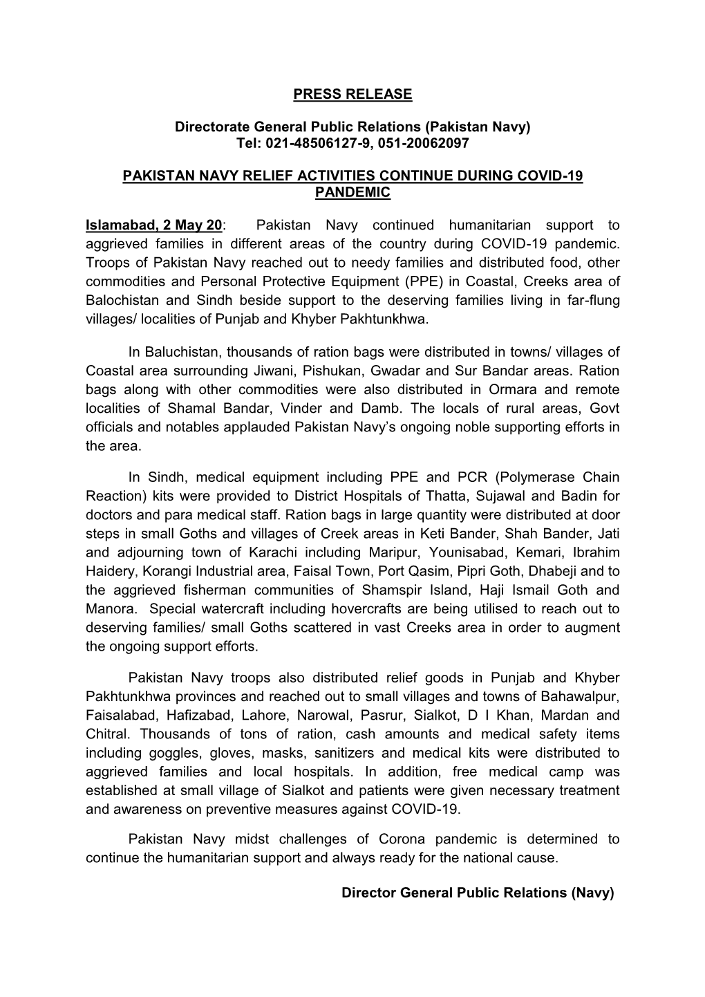 Pakistan Navy Relief Activities Continue During Covid-19 Pandemic