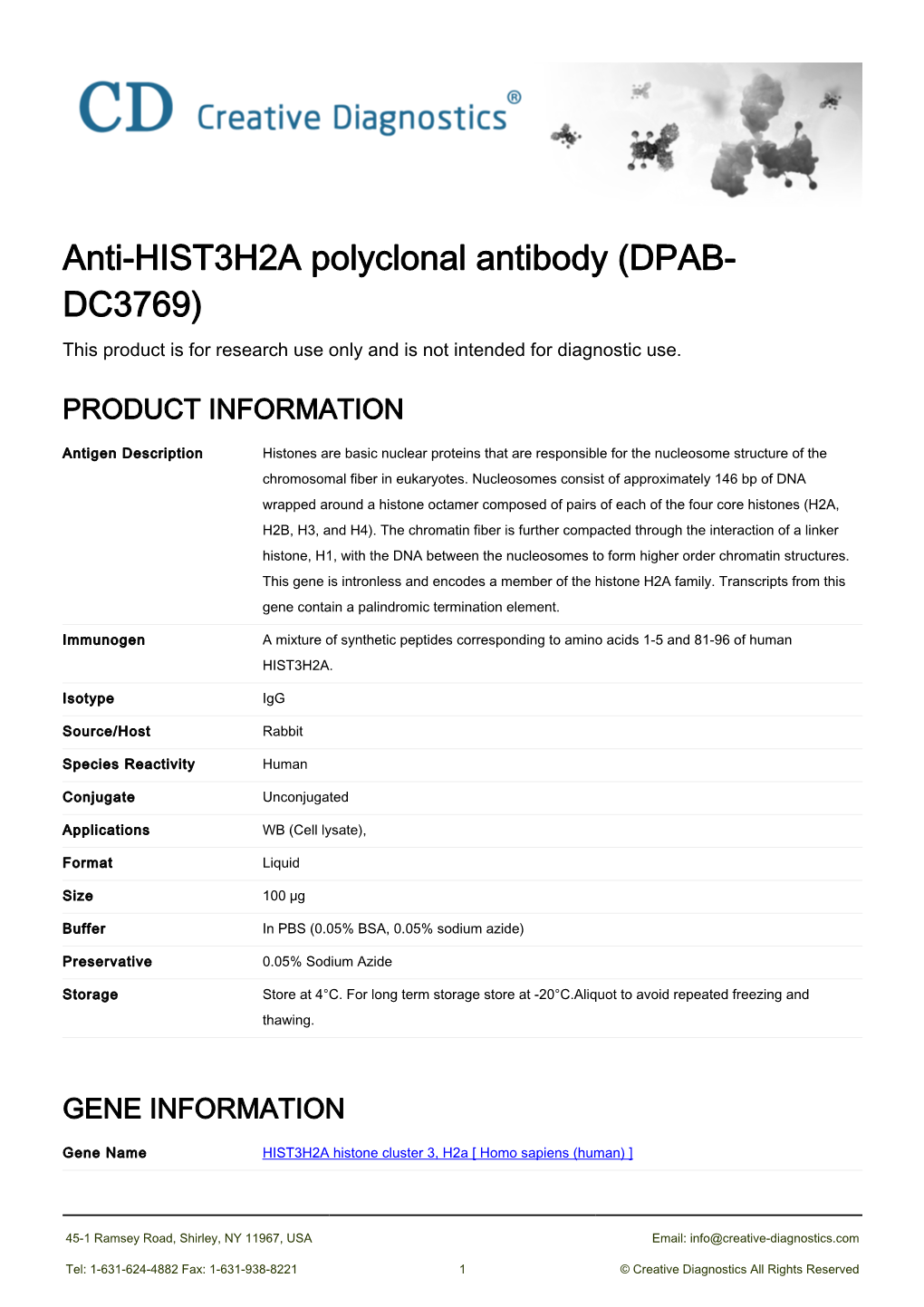 Anti-HIST3H2A Polyclonal Antibody (DPAB- DC3769) This Product Is for Research Use Only and Is Not Intended for Diagnostic Use