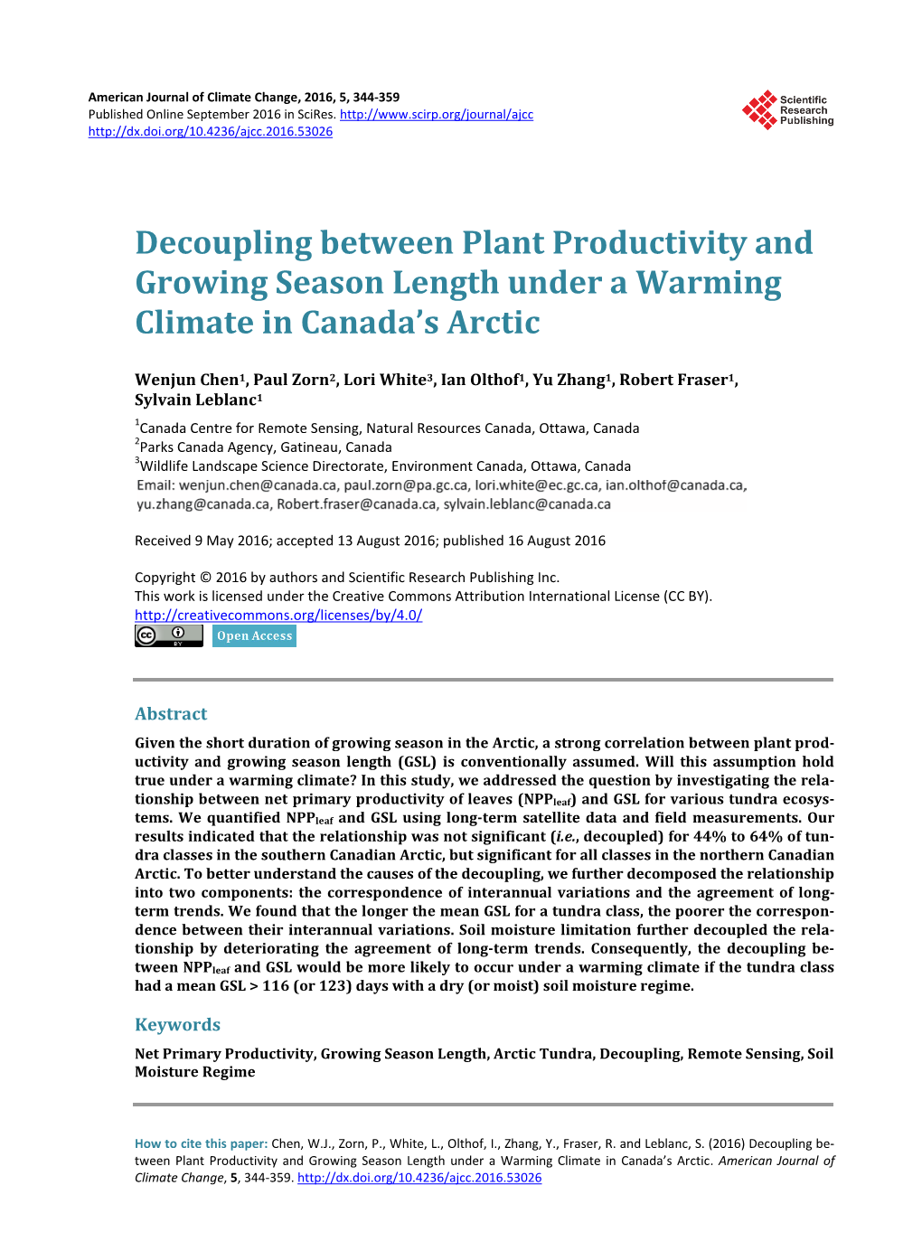 Decoupling Between Plant Productivity and Growing Season Length Under a Warming Climate in Canada’S Arctic