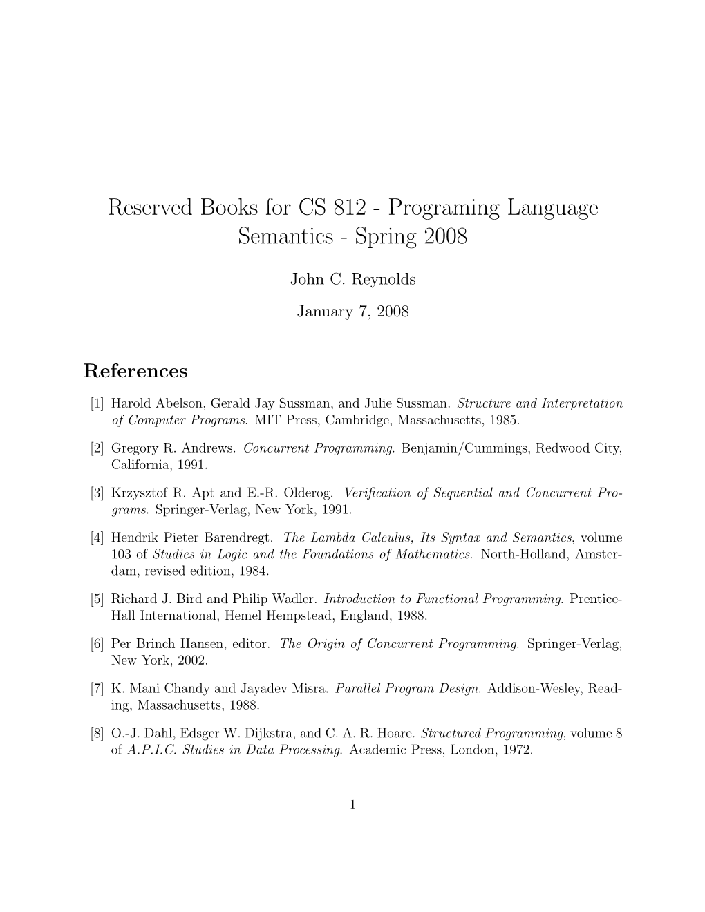 Reserved Books for CS 812 - Programing Language Semantics - Spring 2008