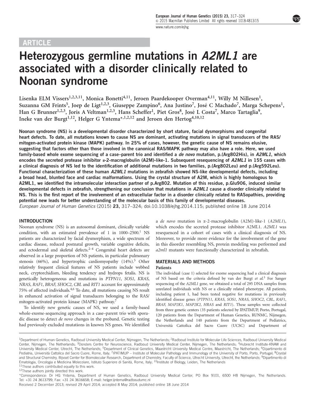 Heterozygous Germline Mutations in A2ML1 Are Associated with a Disorder Clinically Related to Noonan Syndrome