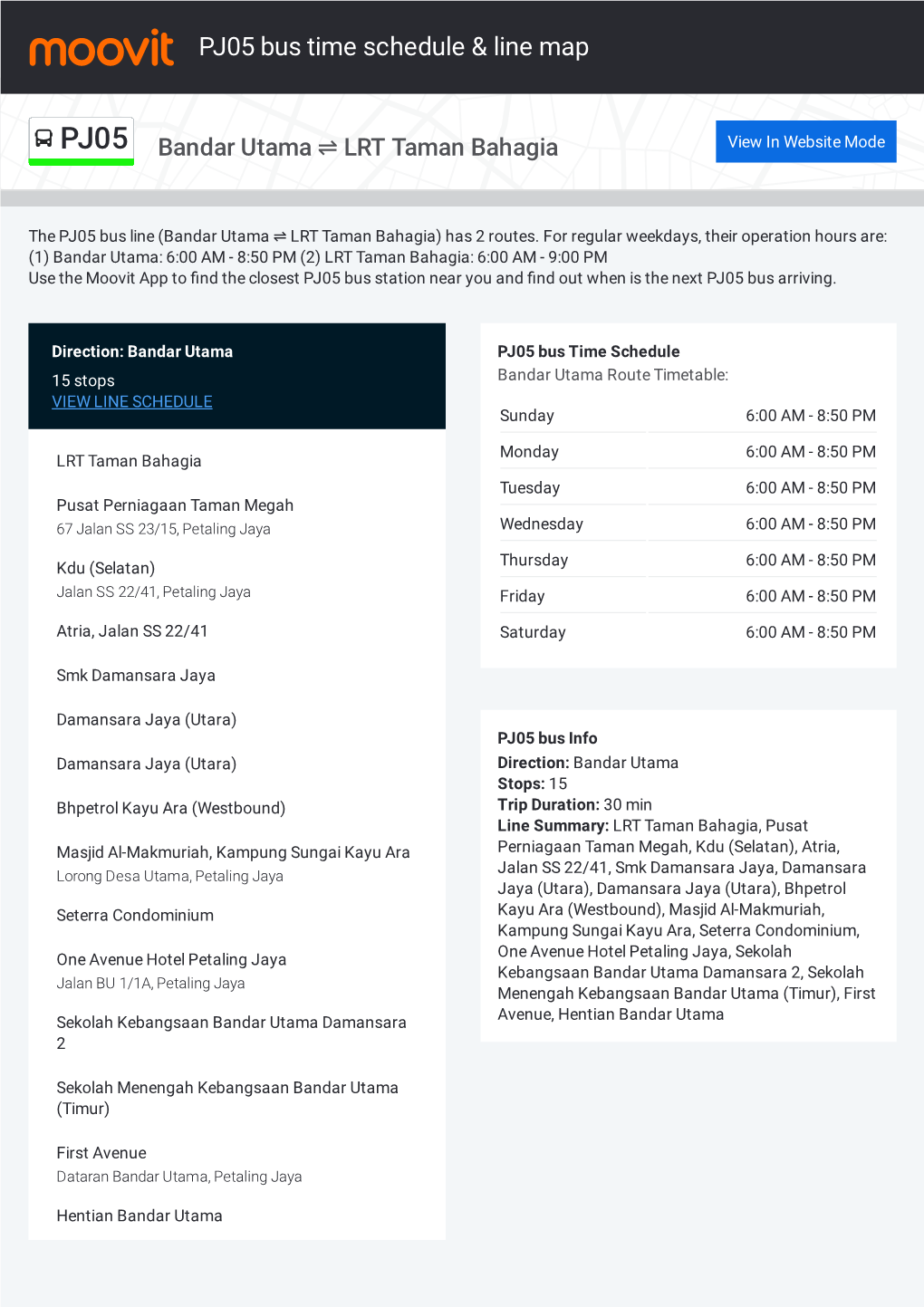 PJ05 Bus Time Schedule & Line Route