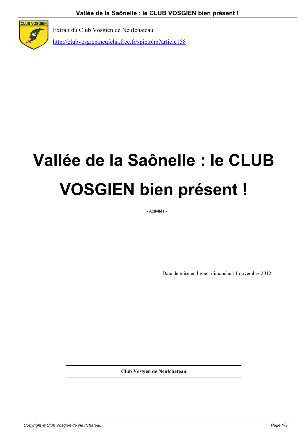 Vallée De La Saônelle : Le CLUB VOSGIEN Bien Présent !