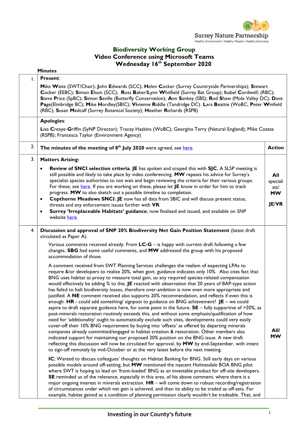 Biodiversity Working Group Video Conference Using Microsoft Teams Wednesday 16Th September 2020 Minutes 1