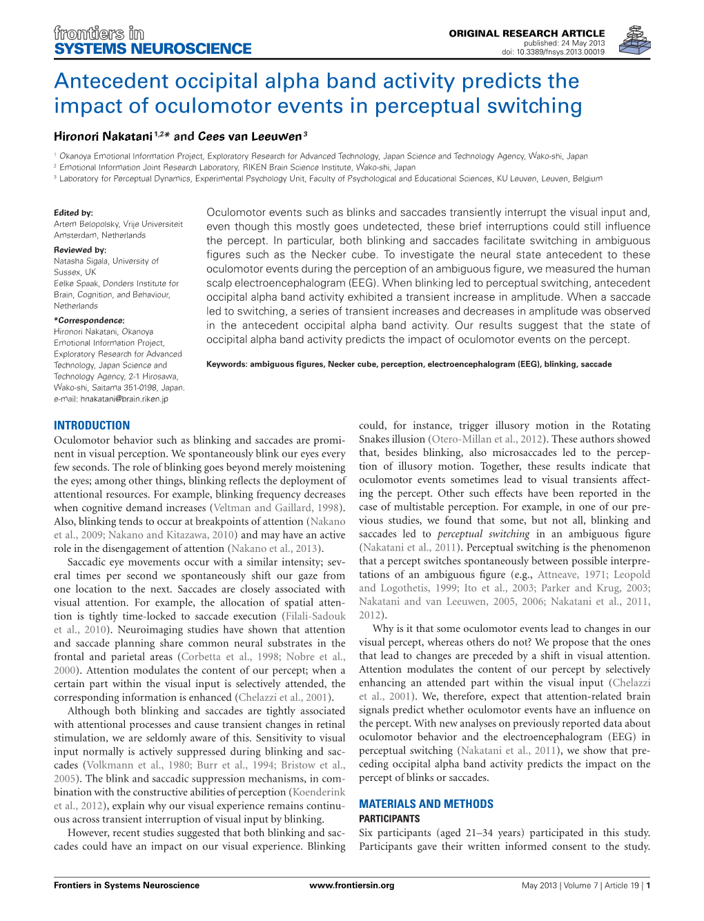 Antecedent Occipital Alpha Band Activity Predicts the Impact of Oculomotor Events in Perceptual Switching