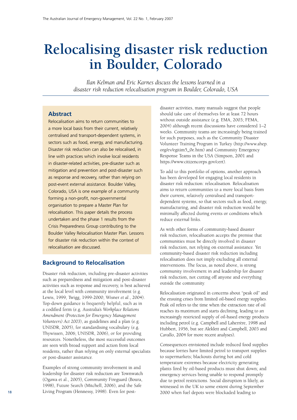 Relocalising Disaster Risk Reduction in Boulder, Colorado