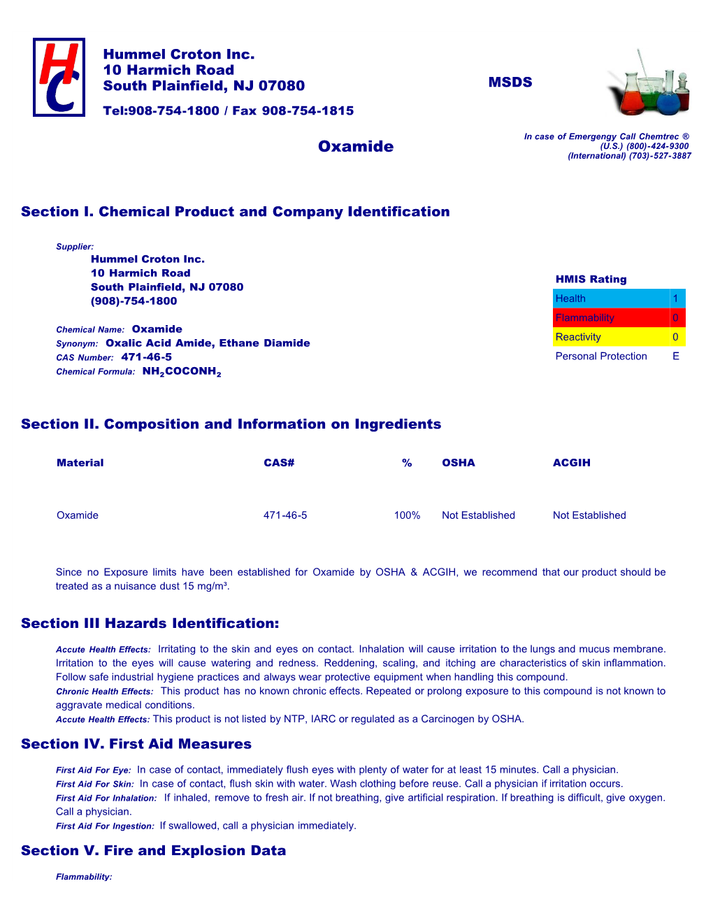 Oxamide (U.S.) (800)-424-9300 DATA Sheet (International) (703)-527-3887