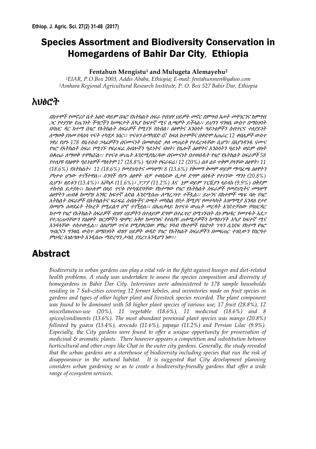 Species Assortment and Biodiversity Conservation in Homegardens of Bahir Dar City, Ethiopia