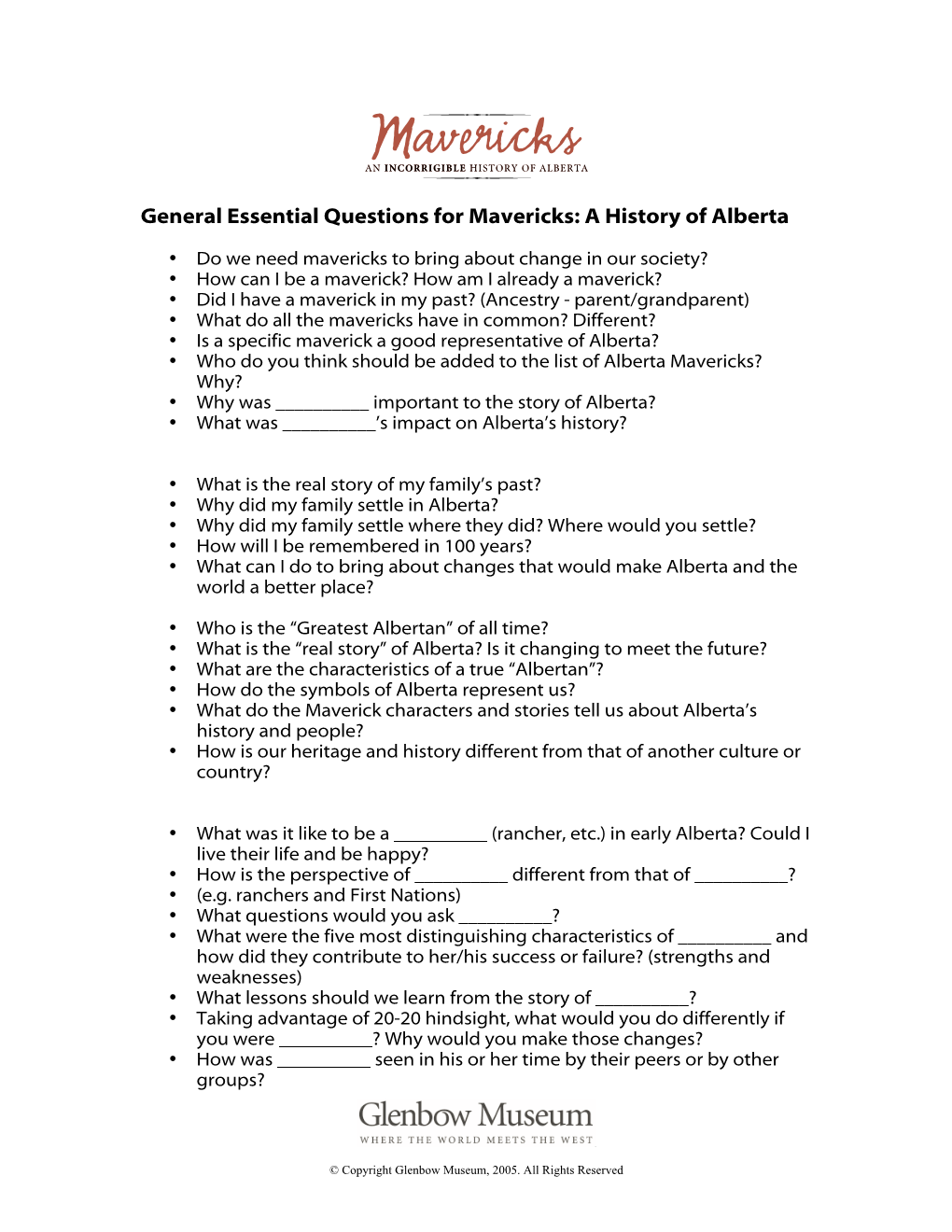 General Essential Questions for Mavericks: a History of Alberta