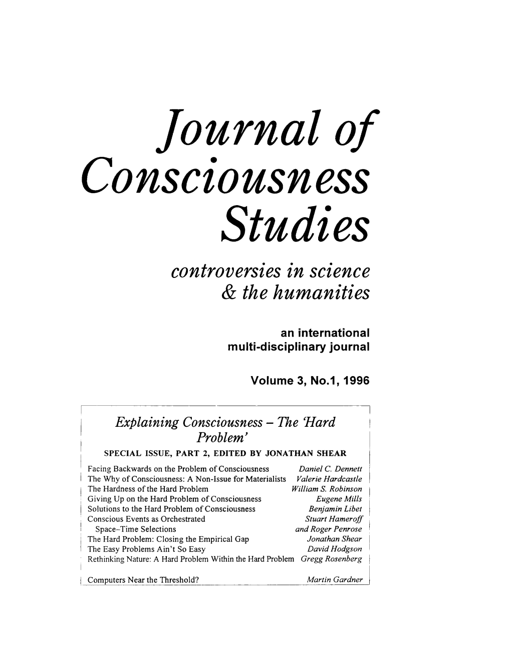 Journal of Consciousness Studies Controversies in Science & the Humanities