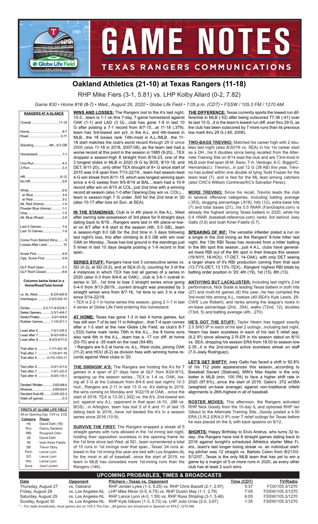 08-26-2020 Rangers Game Notes