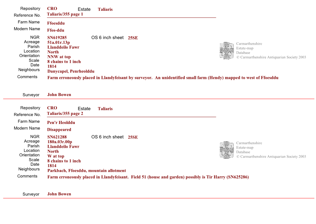 CRO Estate Taliaris Taliaris/355 Page 1 Ffoesddu Ffos-Ddu OS 6 Inch Sheet 25SE SN619285 51A.01R.13P Llanddeilo Fawr North NNW At