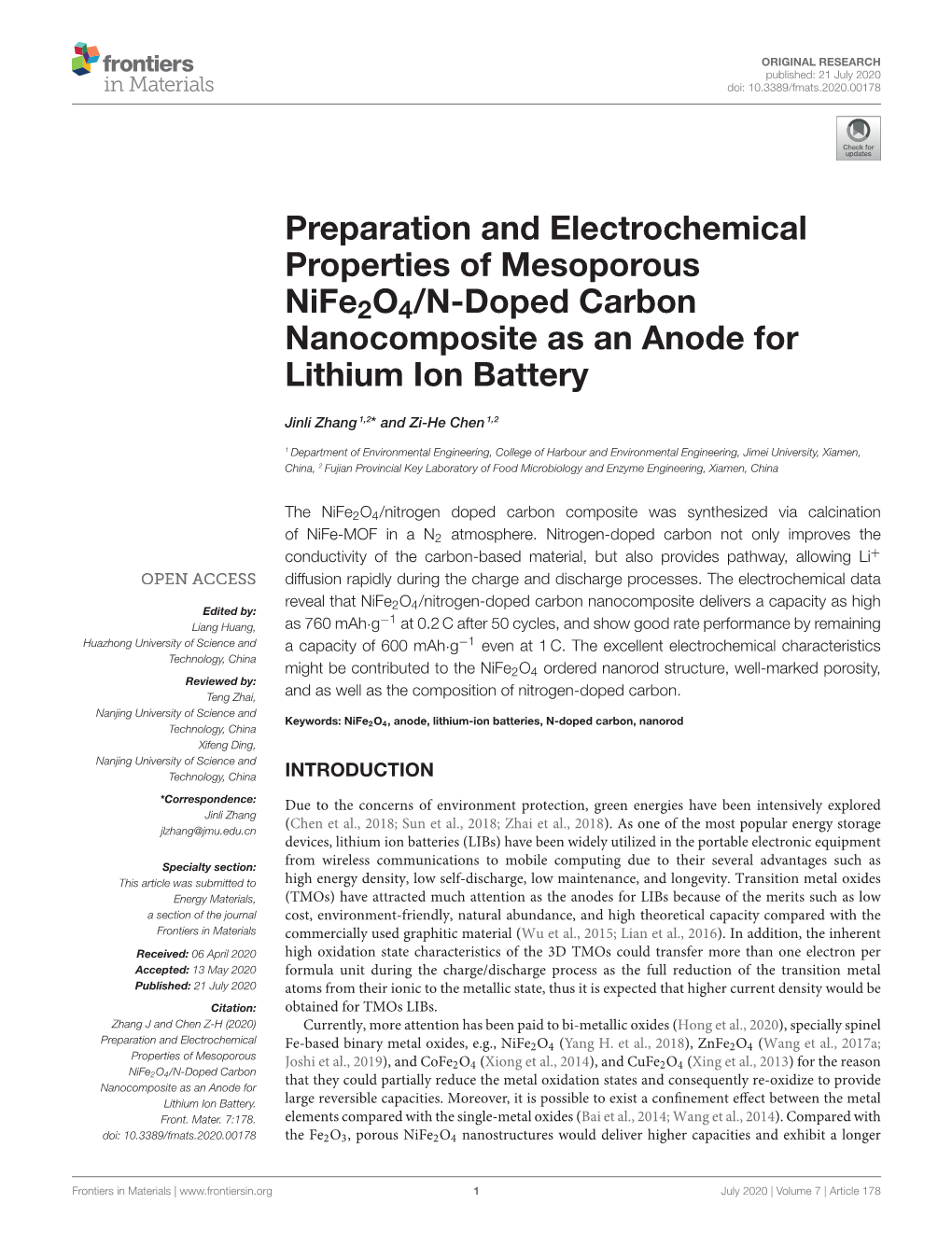 Preparation and Electrochemical Properties of Mesoporous Nife2o4/N-Doped Carbon Nanocomposite As an Anode for Lithium Ion Battery