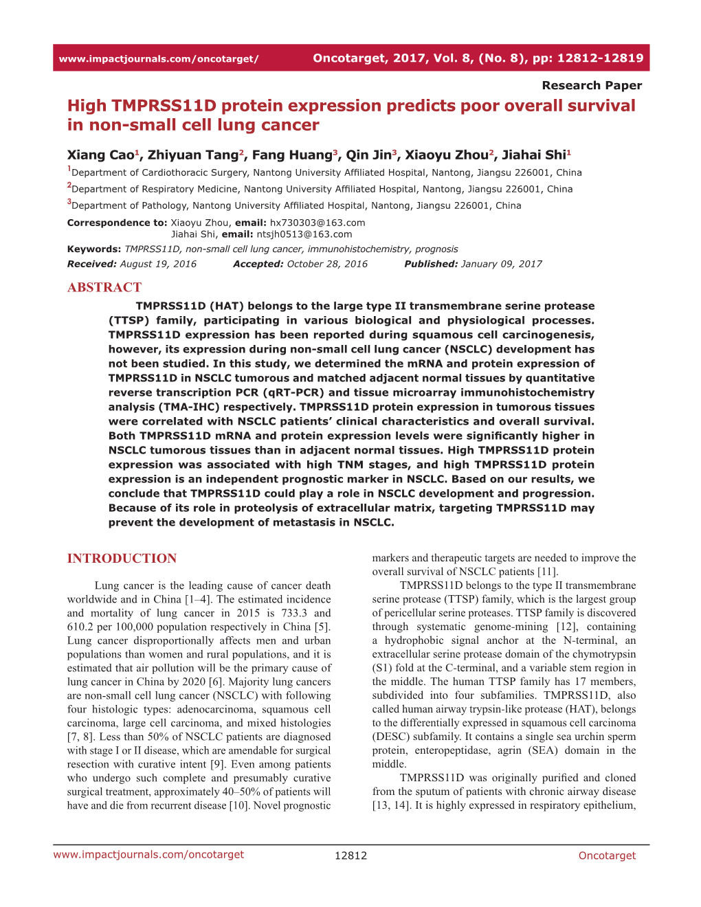 High TMPRSS11D Protein Expression Predicts Poor Overall Survival in Non-Small Cell Lung Cancer