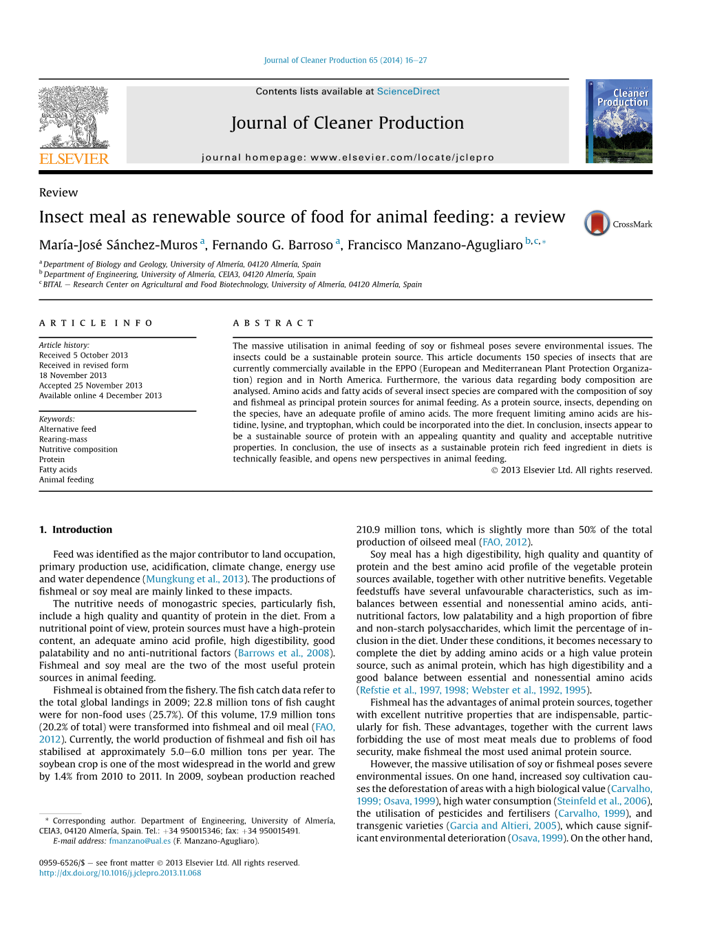 Insect Meal As Renewable Source of Food for Animal Feeding: a Review