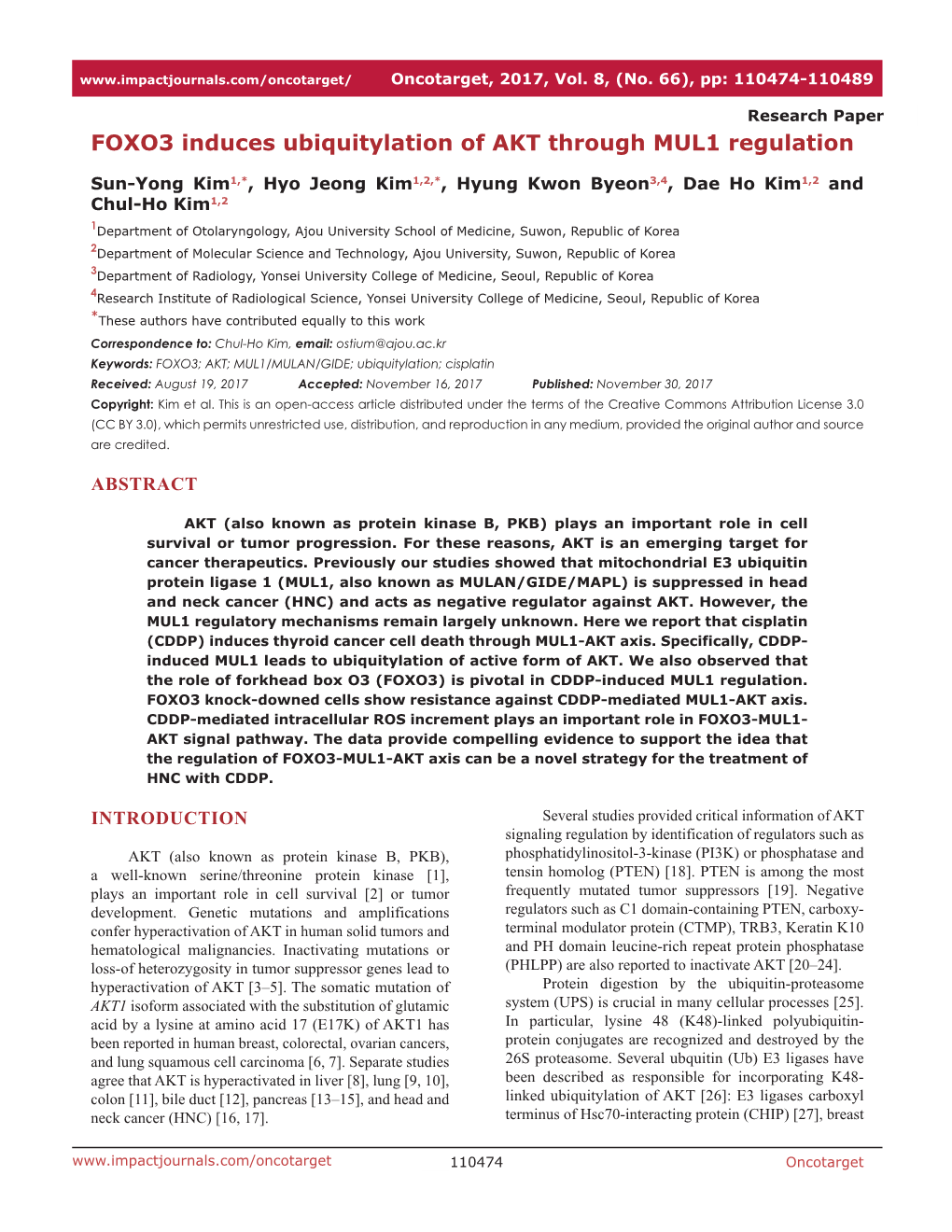 FOXO3 Induces Ubiquitylation of AKT Through MUL1 Regulation