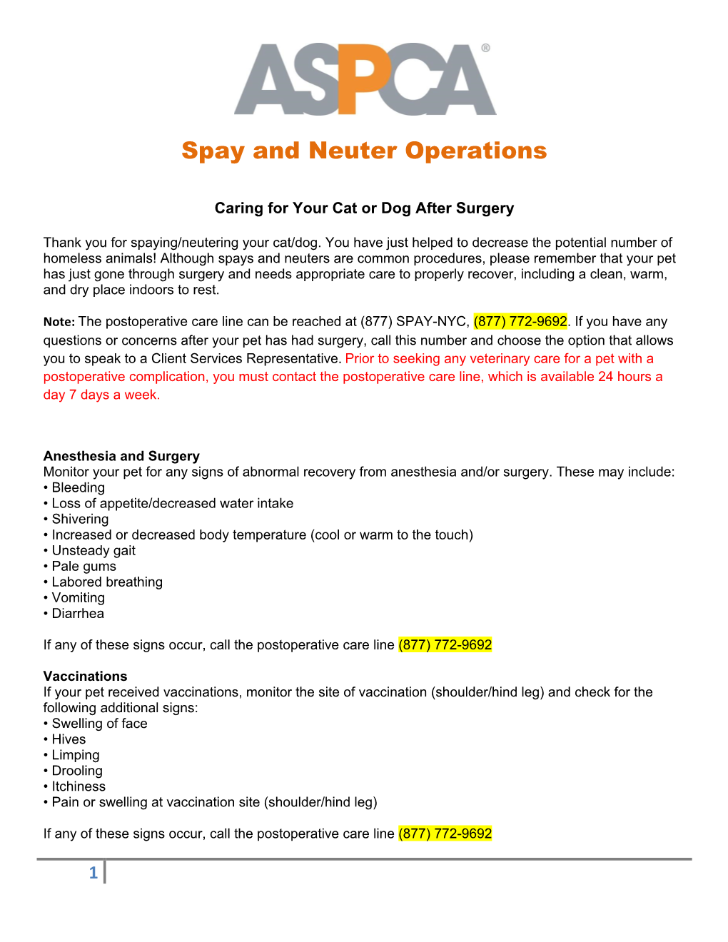 Spay and Neuter Operations